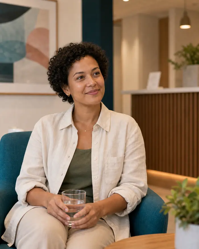 Patient sitting calmly in the dental reception lounge with a glass of water