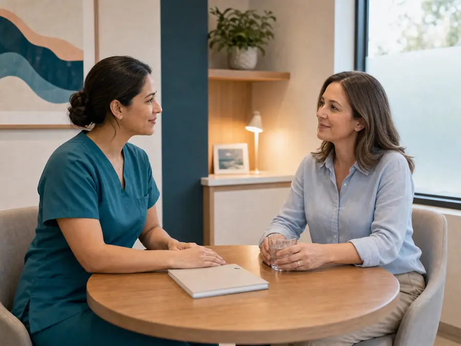 Dentist and patient discussing a first dental visit at a consultation table