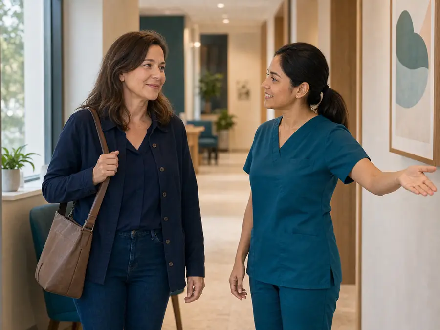 Dental assistant welcoming a patient into a warm clinic hallway